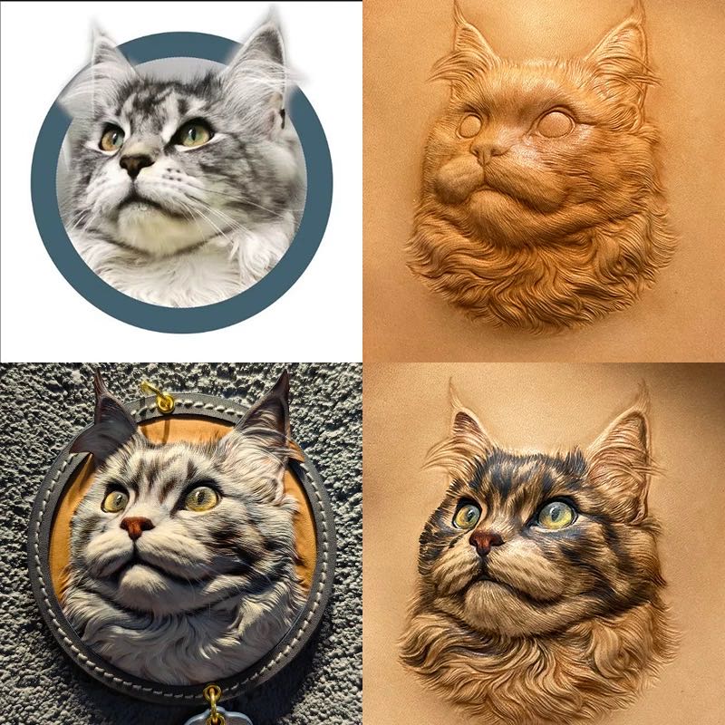 Hand-Carved Pet Portrait Leather Keychain